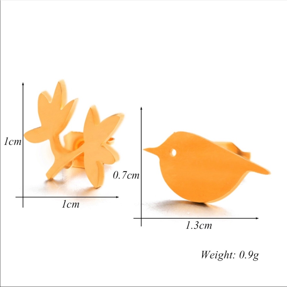 STAINLESS STEEL ♡ GOLD Branch Bird Stud Earrings - Picture 3 of 7